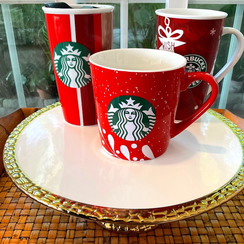 Starbucks Holiday Porcelain Coffee Mugs (2) & Porcelain Holiday Travel Mug (1)